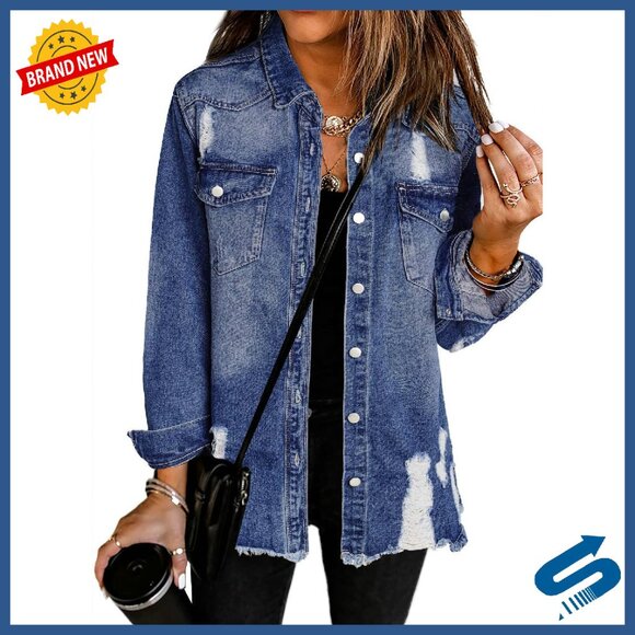 Oversized Denim Jacket Frayed Washed Boyfriend Fit Long Sleeve
